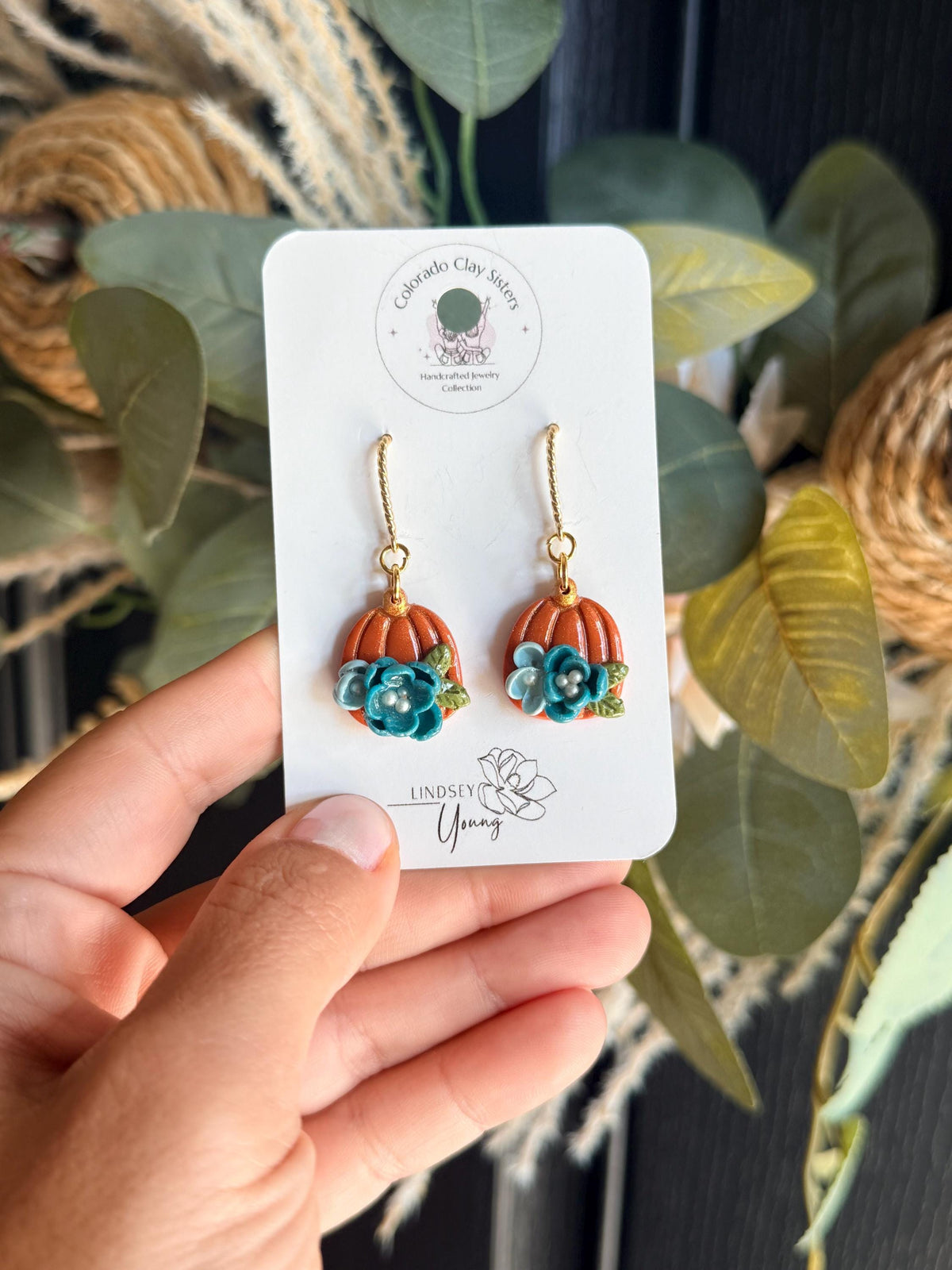 Floral Pumpkin Earrings, Fall Polymer Clay Earrings, Handmade Pumpkin Jewelry, Teal Flower Earrings, Autumn Statement Earrings, Thanksgiving