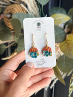 Floral Pumpkin Earrings, Fall Polymer Clay Earrings, Handmade Pumpkin Jewelry, Teal Flower Earrings, Autumn Statement Earrings, Thanksgiving