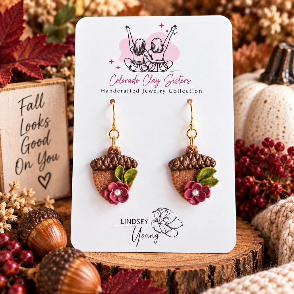 Floral Acorn Earrings, Fall Polymer Clay Earrings, Woodland Jewelry, Handmade Autumn Earrings, Botanical Acorn Earrings, Thanksgiving Gift