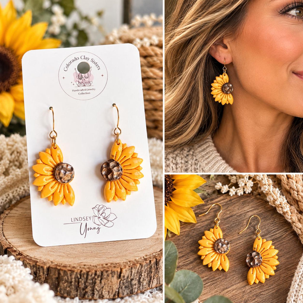 Sunflower Earrings | Handmade Polymer Clay Earrings | Fall Floral Earrings | Yellow Flower Dangle Earrings | Boho Autumn Jewelry Gift