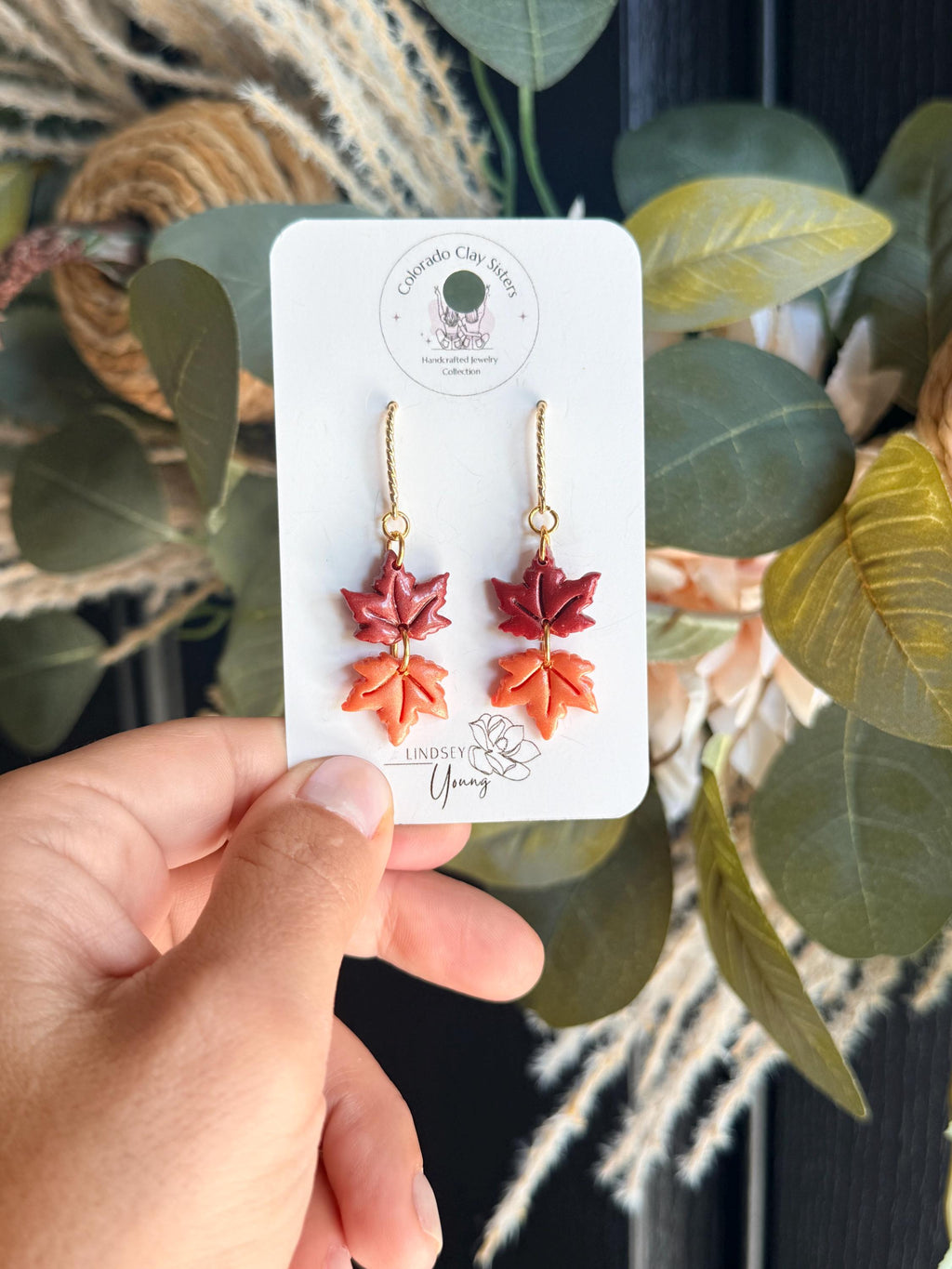 Maple Leaf Earrings, Fall Earrings, Autumn Polymer Clay Earrings, Red Orange Leaf Dangles, Thanksgiving Jewelry, Fall Gift for Her