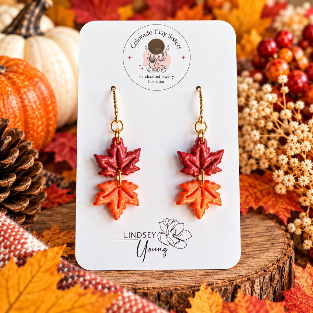 Maple Leaf Earrings, Fall Earrings, Autumn Polymer Clay Earrings, Red Orange Leaf Dangles, Thanksgiving Jewelry, Fall Gift for Her