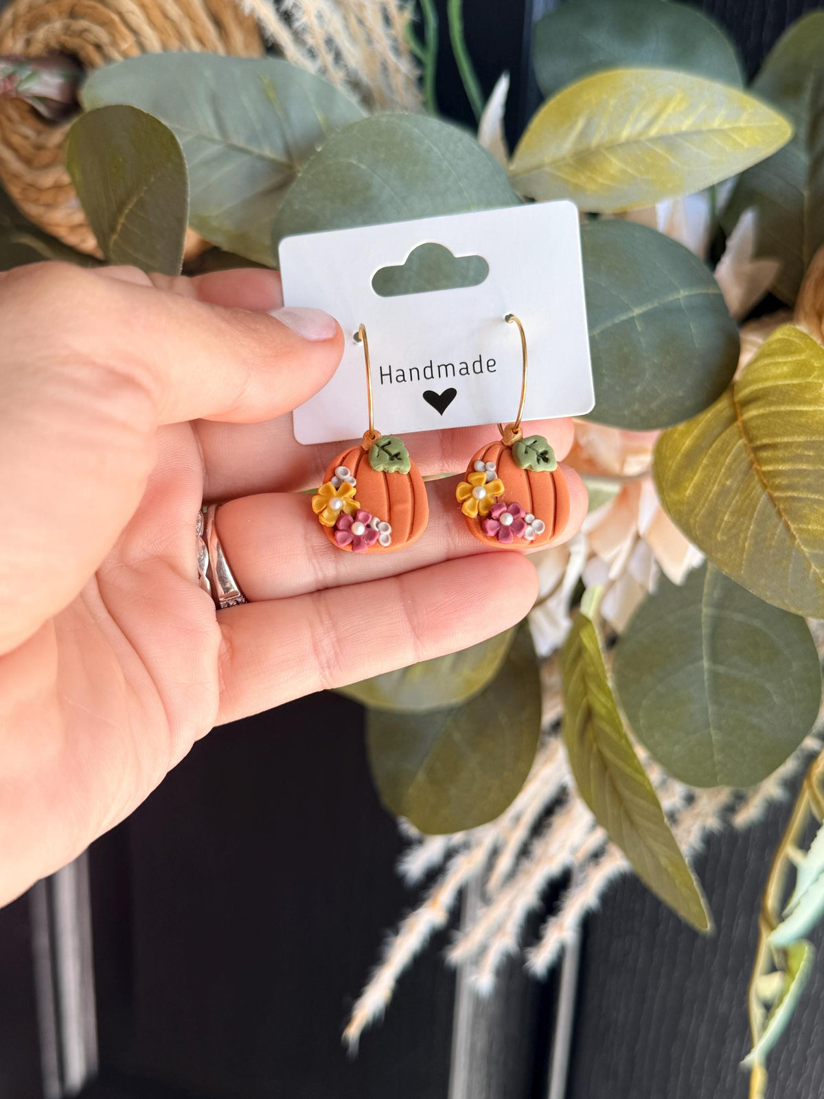 Floral Pumpkin Earrings, Fall Polymer Clay Earrings, Handmade Pumpkin Dangles, Autumn Jewelry, Thanksgiving Earrings, Fall Gift for Her