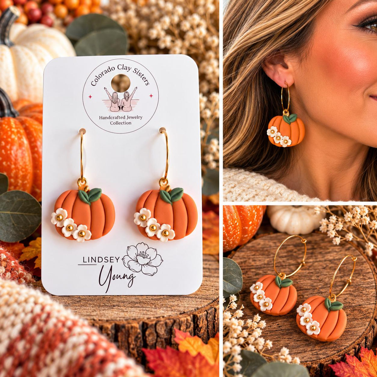 Floral Pumpkin Earrings, Fall Hoop Earrings, Polymer Clay Pumpkin Earrings, Autumn Jewelry, Handmade Fall Earrings, Thanksgiving Gift