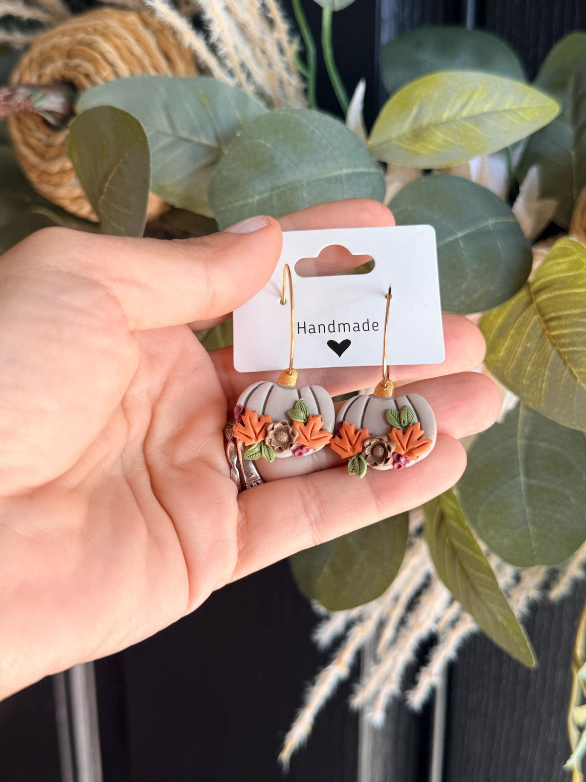 Fall Pumpkin Earrings, Autumn Polymer Clay Earrings, Pumpkin Floral Earrings, Fall Leaf Jewelry, Thanksgiving Earrings, Handmade Gift