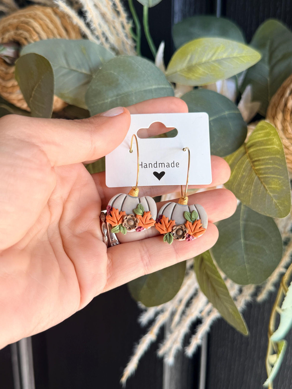 Fall Pumpkin Earrings, Autumn Polymer Clay Earrings, Pumpkin Floral Earrings, Fall Leaf Jewelry, Thanksgiving Earrings, Handmade Gift