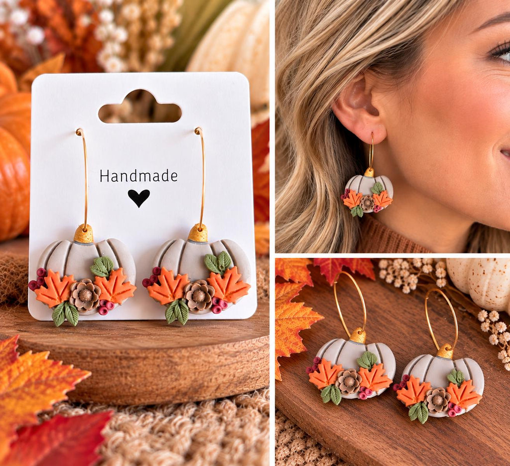 Fall Pumpkin Earrings, Autumn Polymer Clay Earrings, Pumpkin Floral Earrings, Fall Leaf Jewelry, Thanksgiving Earrings, Handmade Gift