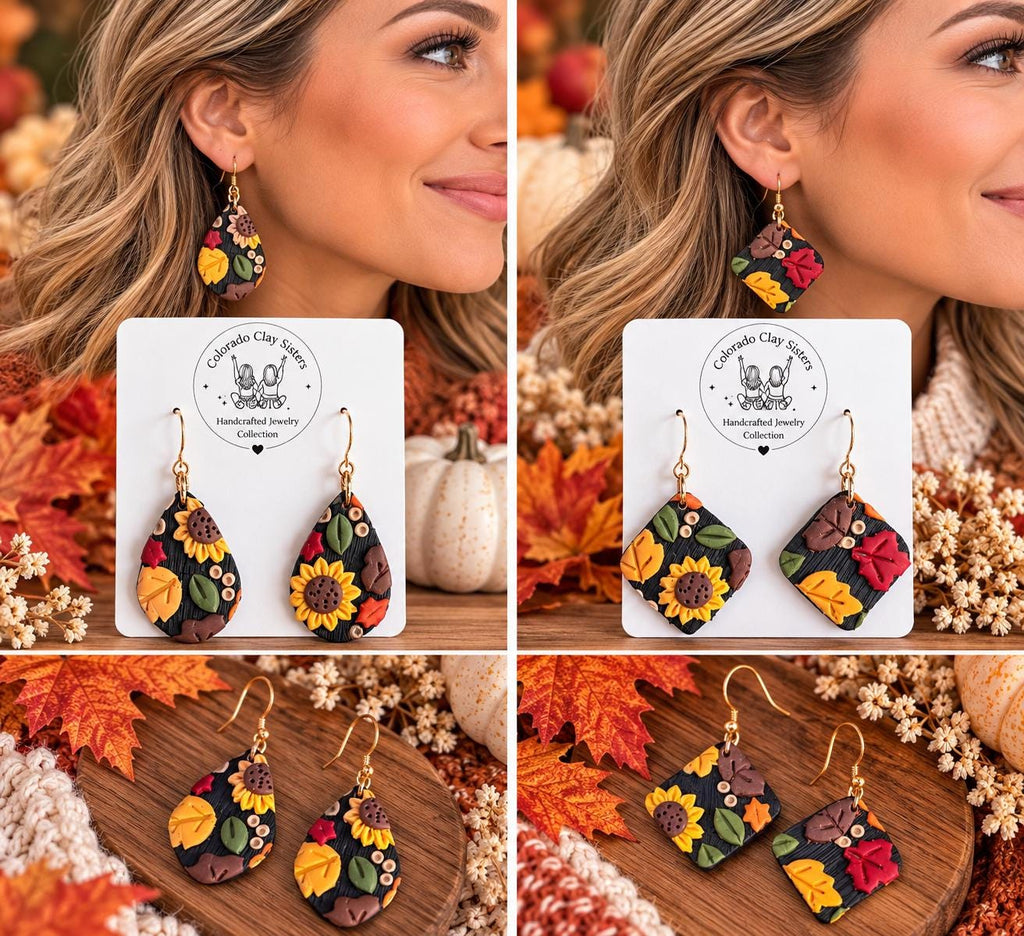 Fall Earrings, Autumn Polymer Clay Earrings, Sunflower Earrings, Fall Leaf Jewelry, Thanksgiving Earrings, Handmade Clay Earrings Gift
