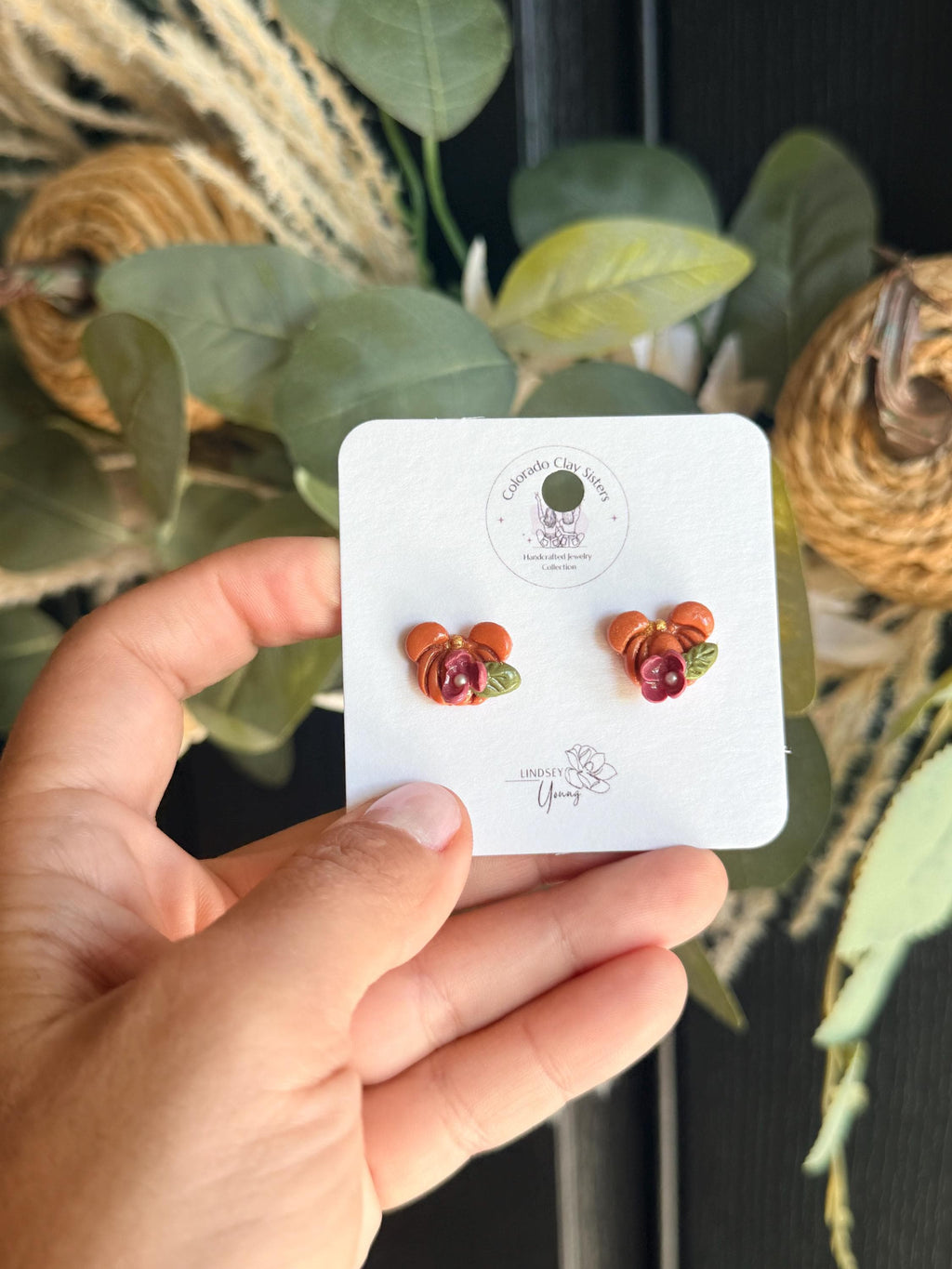 Mini Mouse Pumpkin Stud Earrings, Fall Polymer Clay Earrings, Floral Pumpkin Earrings, Autumn Studs, Thanksgiving Jewelry, Cute Fall Gift