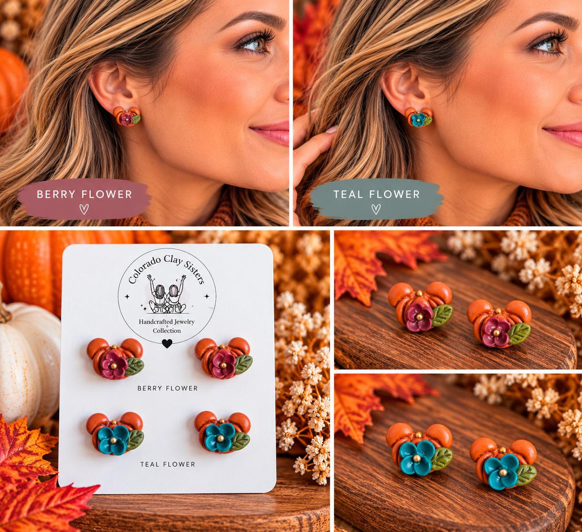 Mini Mouse Pumpkin Stud Earrings, Fall Polymer Clay Earrings, Floral Pumpkin Earrings, Autumn Studs, Thanksgiving Jewelry, Cute Fall Gift