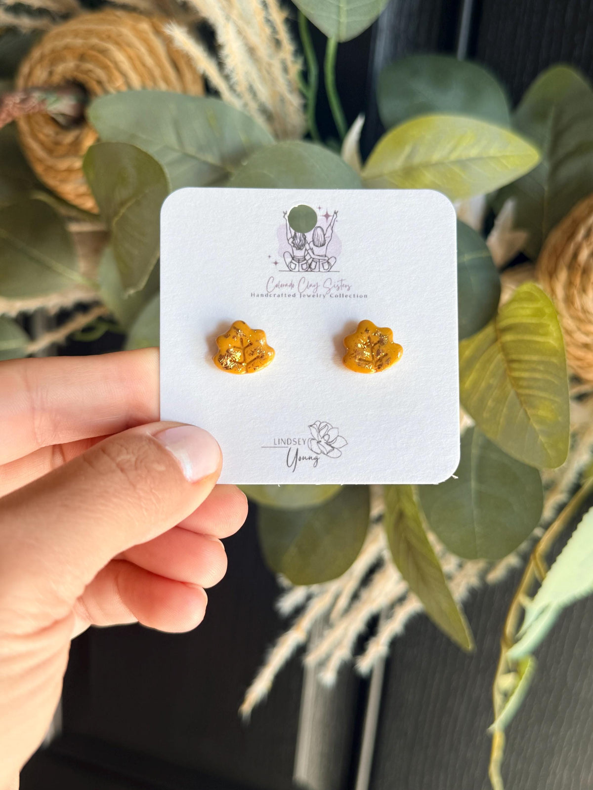 Fall Flower Stud Earrings, Polymer Clay Studs, Gold Leaf Earrings, Tiny Floral Earrings, Autumn Jewelry, Minimalist Earrings, Gift for Her