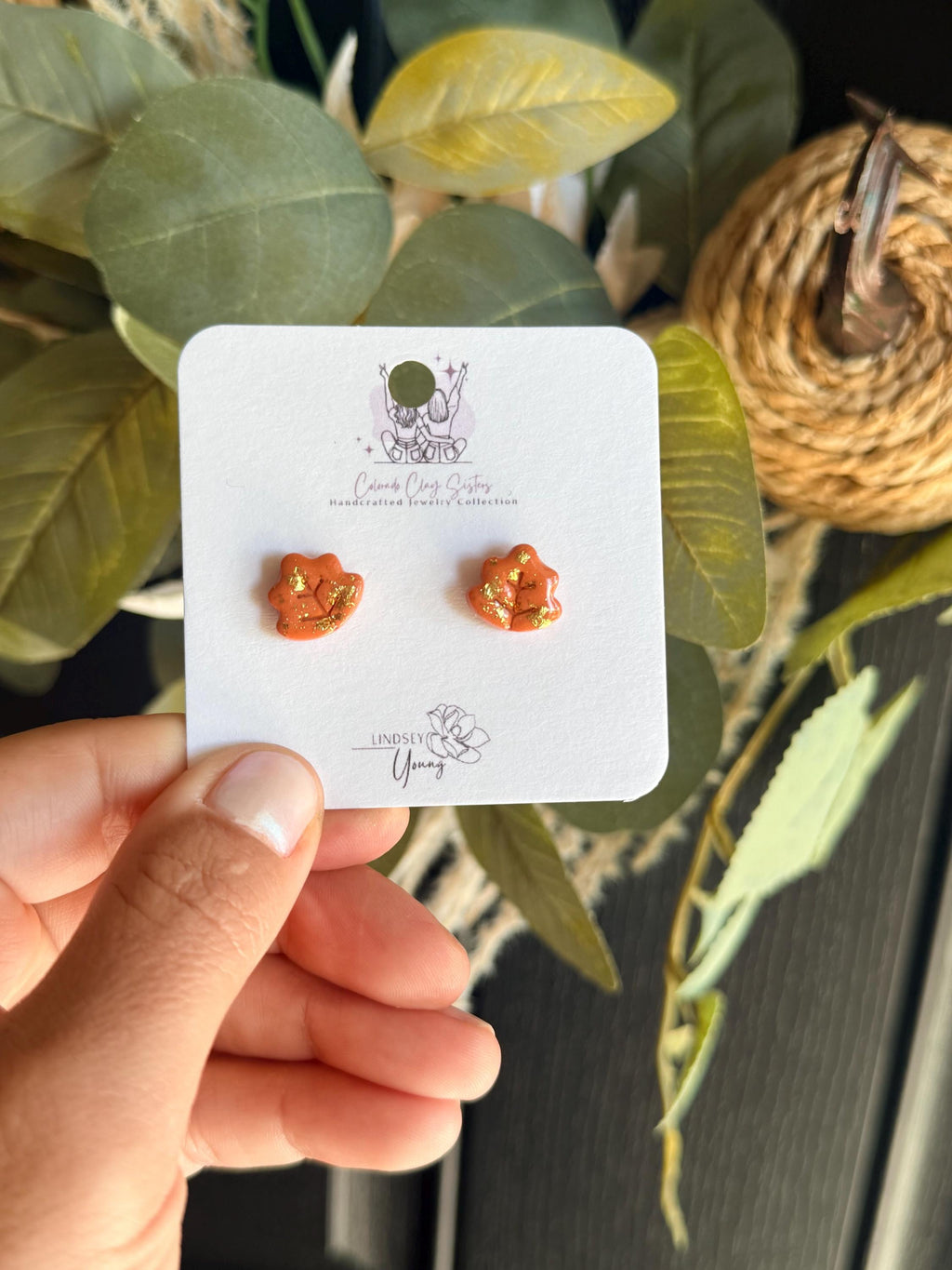 Fall Flower Stud Earrings, Polymer Clay Studs, Gold Leaf Earrings, Tiny Floral Earrings, Autumn Jewelry, Minimalist Earrings, Gift for Her