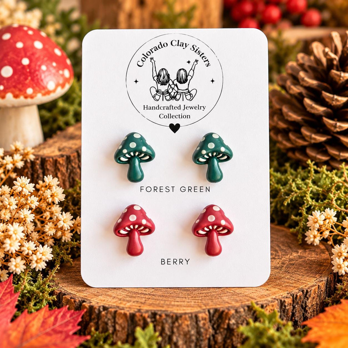 Mushroom Stud Earrings, Polymer Clay Mushroom Earrings, Cottagecore Jewelry, Fall Stud Earrings, Forest Green Mushroom, Gift for Her