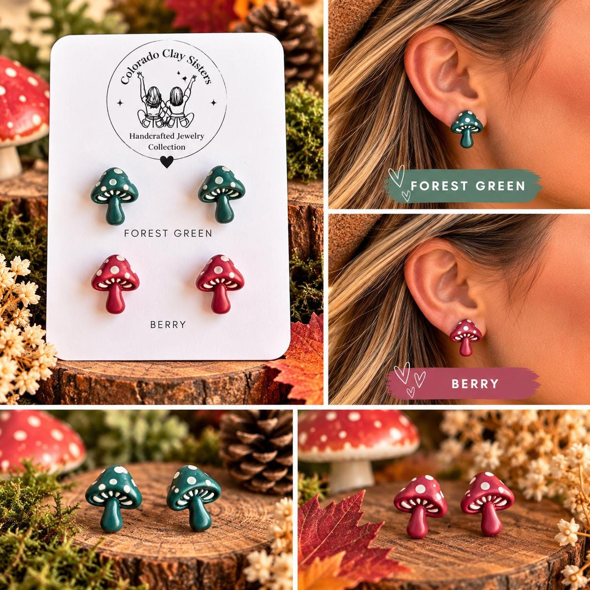 Mushroom Stud Earrings, Polymer Clay Mushroom Earrings, Cottagecore Jewelry, Fall Stud Earrings, Forest Green Mushroom, Gift for Her