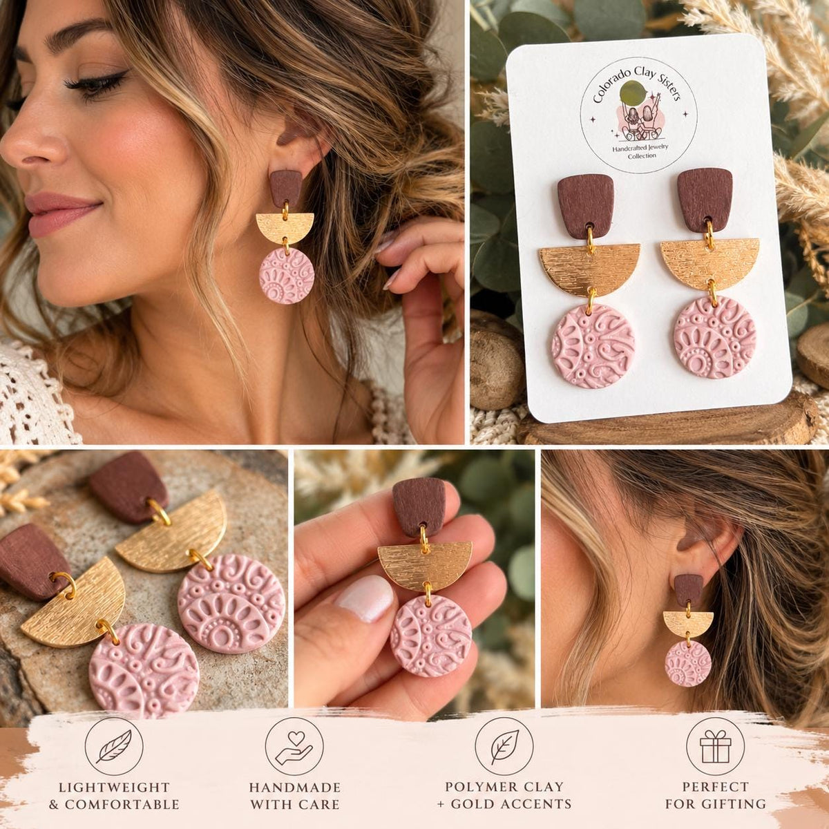 Boho Polymer Clay Earrings, Pink Statement Earrings, Lightweight Dangle Earrings, Handmade Earrings, Boho Jewelry Gift for Her