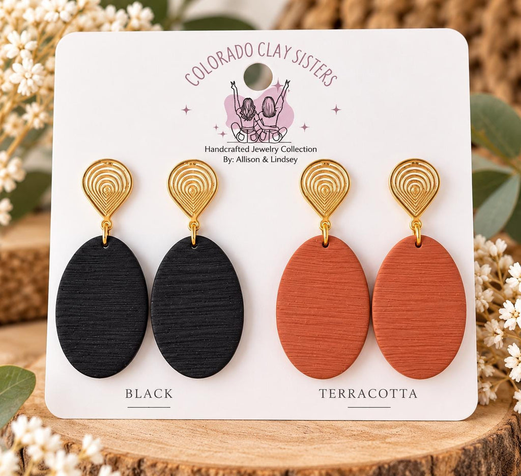 Polymer Clay Statement Earrings, Boho Dangle Earrings, Black or Terracotta Earrings, Gold Drop Earrings, Lightweight Handmade Jewelry