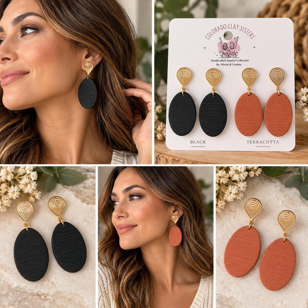 Polymer Clay Statement Earrings, Boho Dangle Earrings, Black or Terracotta Earrings, Gold Drop Earrings, Lightweight Handmade Jewelry