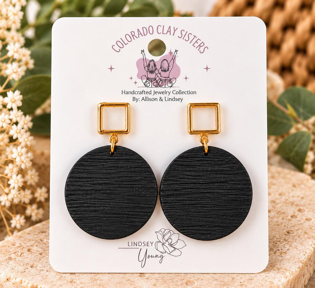 Black Polymer Clay Earrings, Gold Geometric Statement Earrings, Lightweight Black Dangle Earrings, Modern Handmade Jewelry Gift
