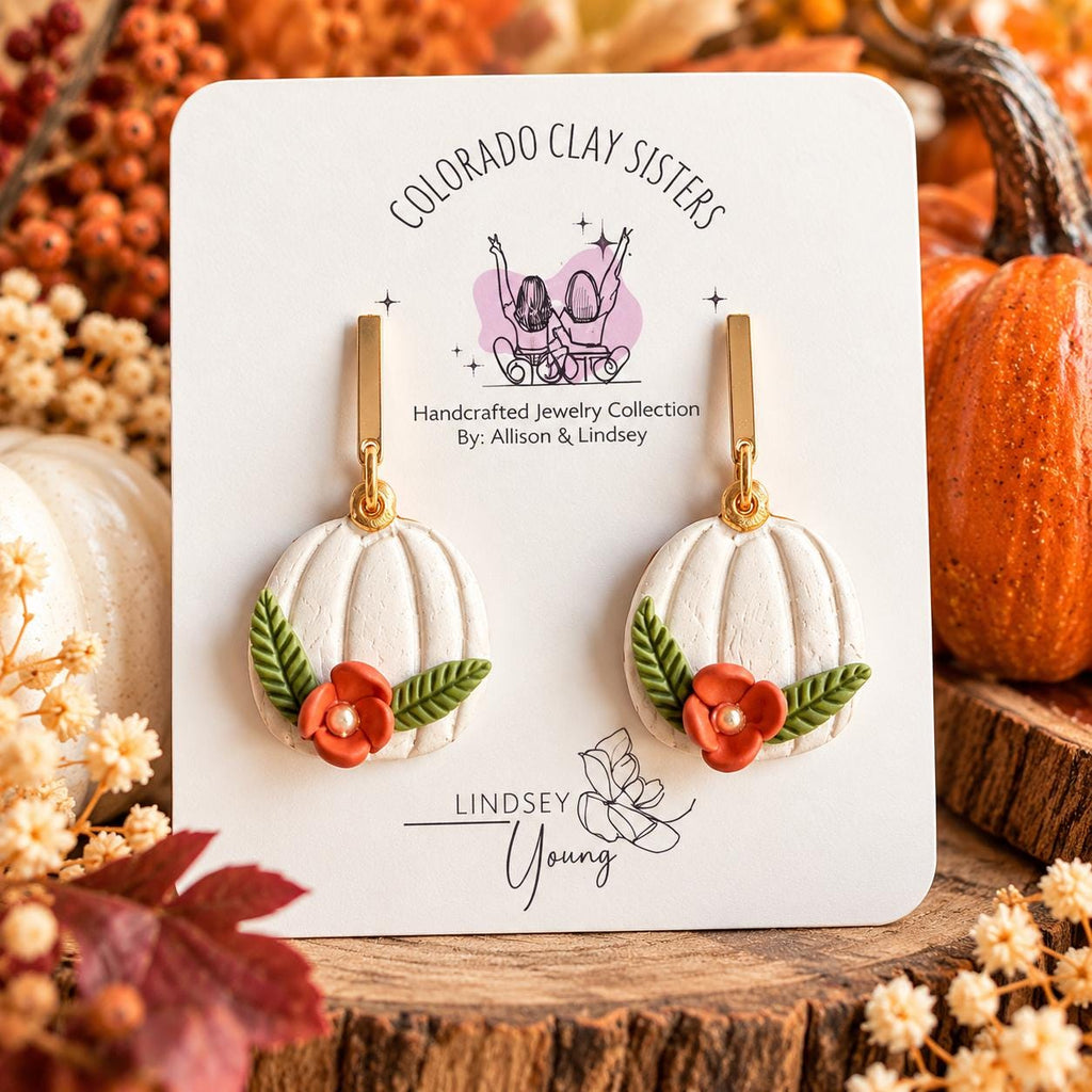 Pumpkin Earrings, Fall Polymer Clay Earrings, Floral Pumpkin Earrings, Autumn Jewelry, Thanksgiving Earrings, Handmade Fall Dangles