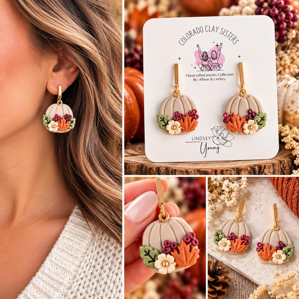 Fall Pumpkin Earrings, Polymer Clay Earrings, Autumn Floral Earrings, Harvest Jewelry, Thanksgiving Earrings, Handmade Fall Jewelry