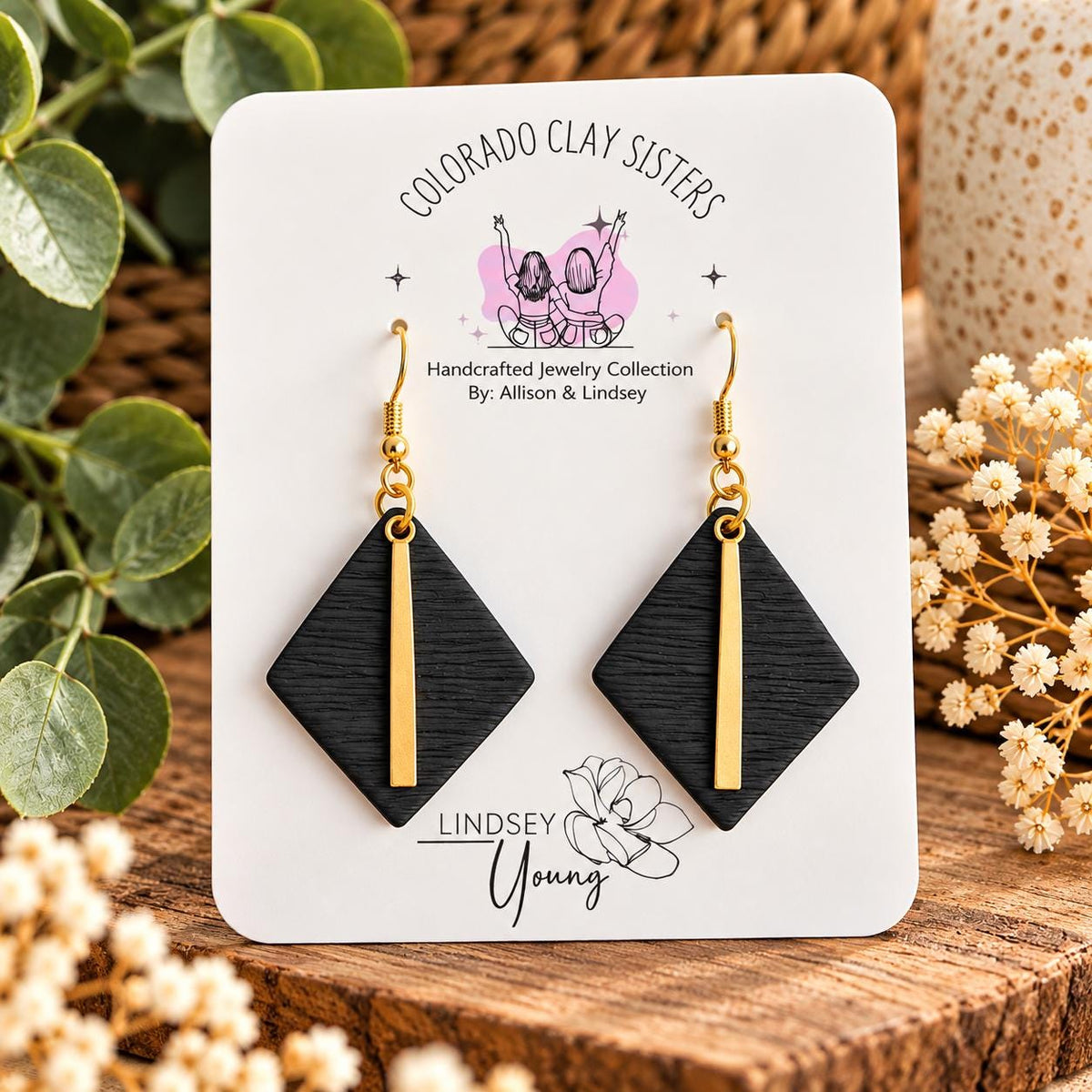 Black Geometric Earrings, Diamond Polymer Clay Earrings, Gold Dangle Earrings, Minimalist Jewelry, Modern Statement Earrings, Gift for Her