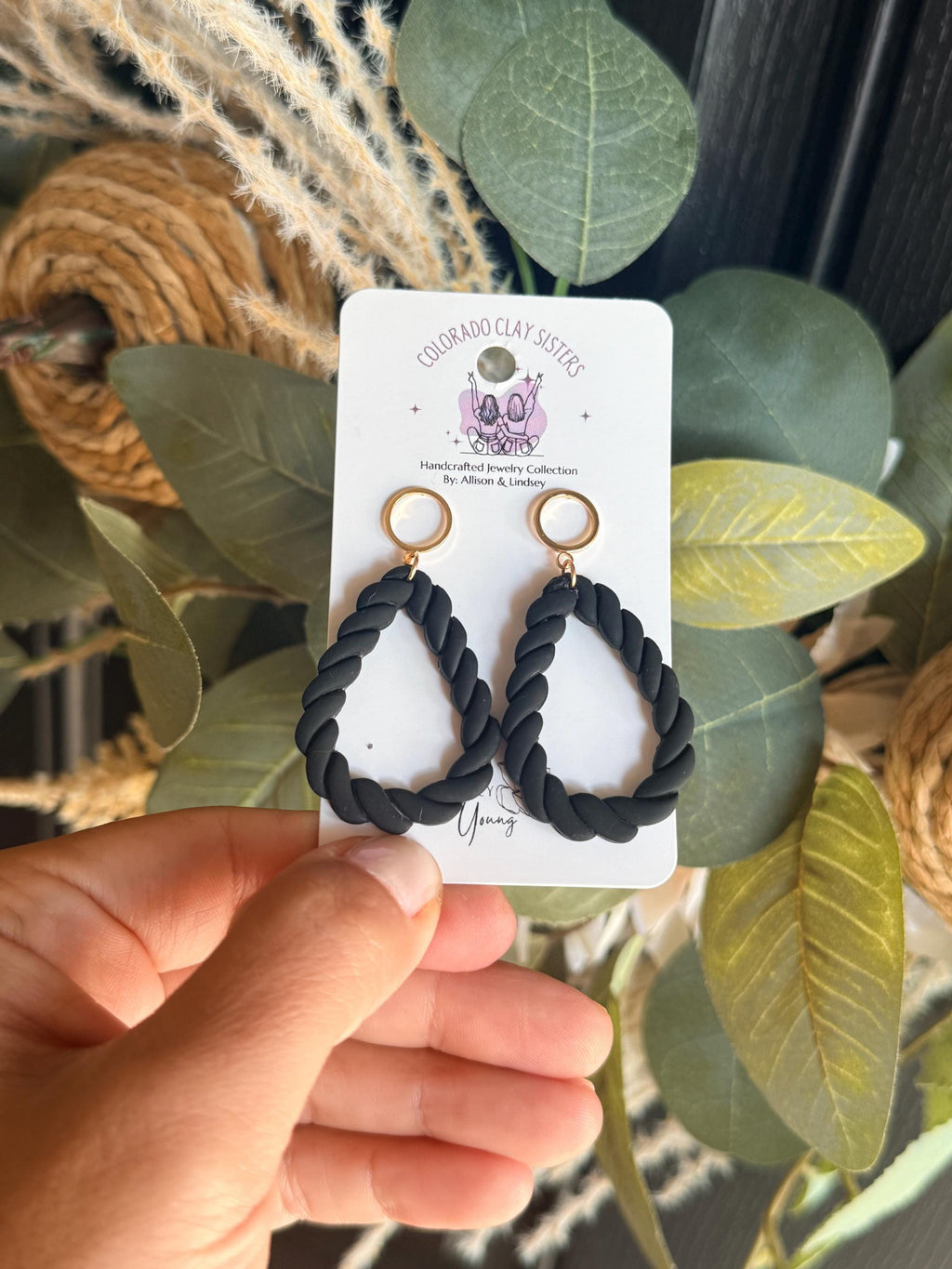 Black Braided Earrings, Polymer Clay Hoop Earrings, Chunky Statement Earrings, Boho Dangle Earrings, Handmade Jewelry, Gift for Her