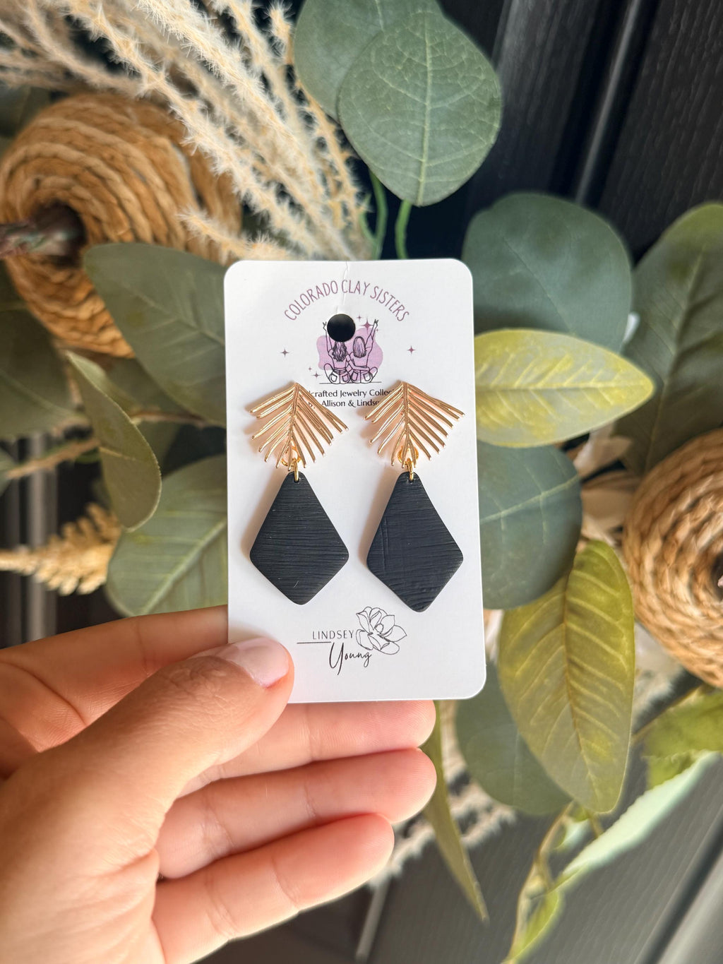 Black Polymer Clay Earrings, Gold Palm Leaf Earrings, Boho Black Dangle Earrings, Geometric Statement Earrings, Modern Handmade Jewelry