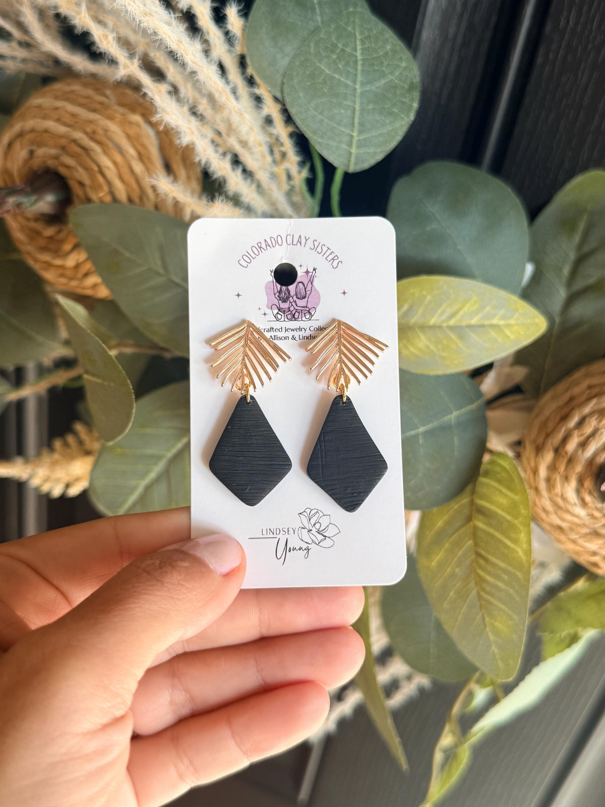 Black Polymer Clay Earrings, Gold Palm Leaf Earrings, Boho Black Dangle Earrings, Geometric Statement Earrings, Modern Handmade Jewelry
