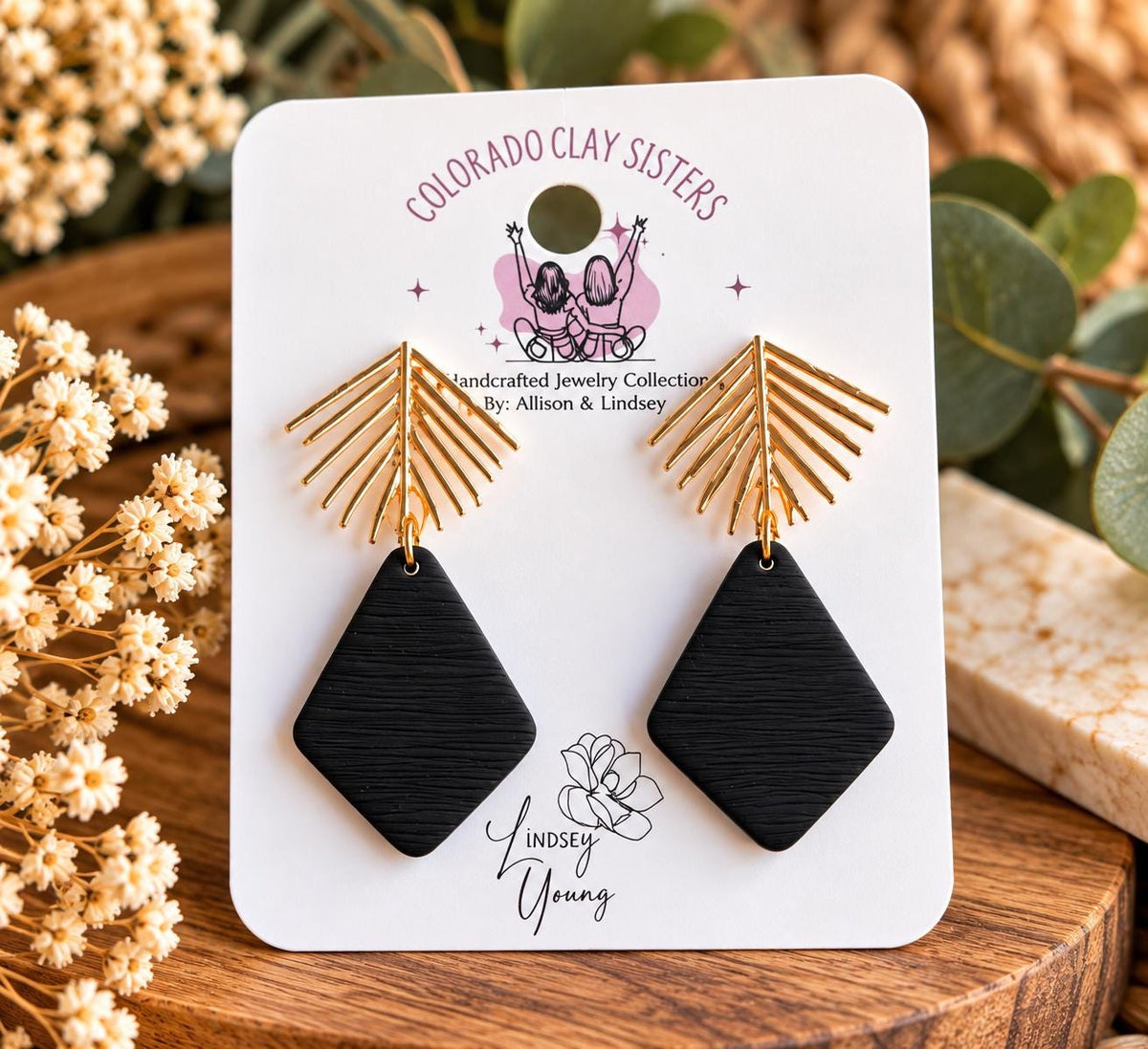 Black Polymer Clay Earrings, Gold Palm Leaf Earrings, Boho Black Dangle Earrings, Geometric Statement Earrings, Modern Handmade Jewelry