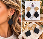 Black Polymer Clay Earrings, Gold Palm Leaf Earrings, Boho Black Dangle Earrings, Geometric Statement Earrings, Modern Handmade Jewelry
