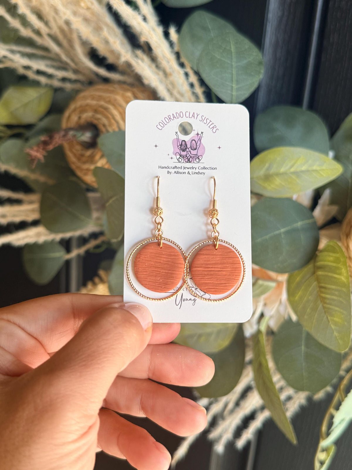 Terracotta Clay Earrings, Gold Hoop Dangle Earrings, Polymer Clay Earrings, Boho Circle Earrings, Lightweight Handmade Jewelry Gift