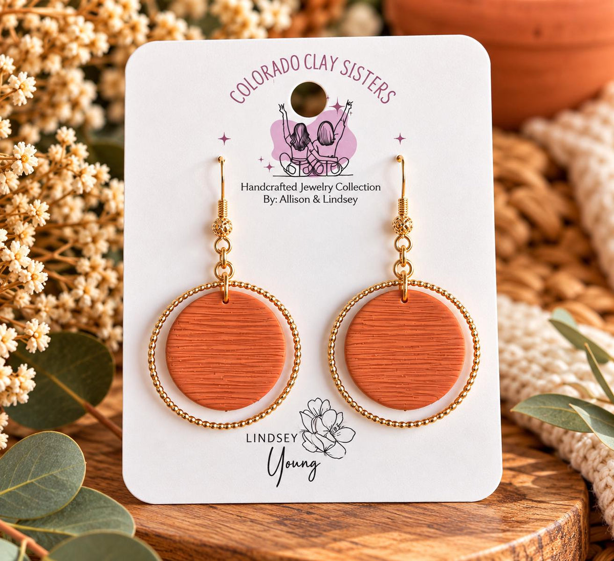 Terracotta Clay Earrings, Gold Hoop Dangle Earrings, Polymer Clay Earrings, Boho Circle Earrings, Lightweight Handmade Jewelry Gift