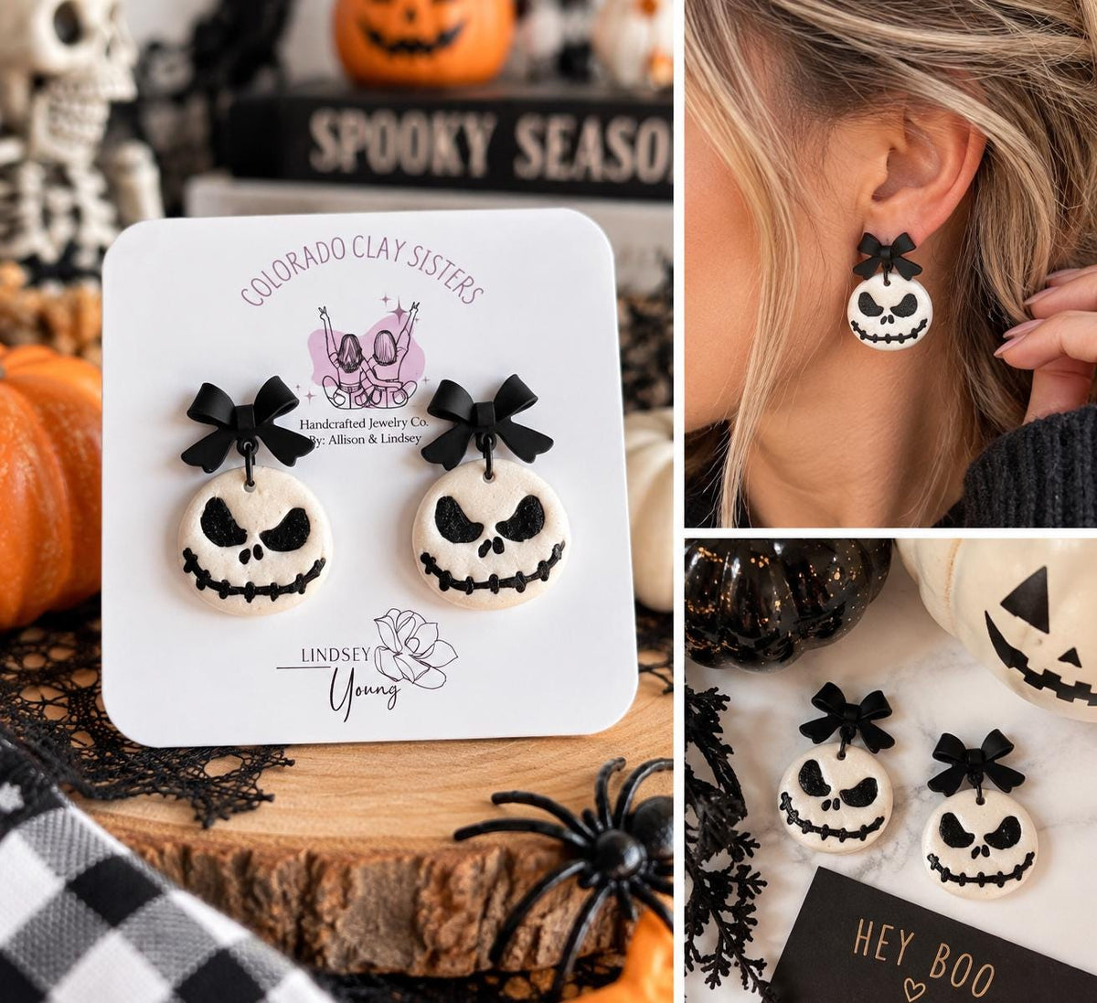 Handmade Halloween Skeleton Earrings | Spooky Cute Polymer Clay Earrings | Black Bow Halloween Jewelry