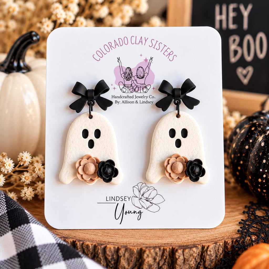 Handmade Polymer Clay Ghost Earrings | Halloween Dangle Jewelry with Bow & Flowers