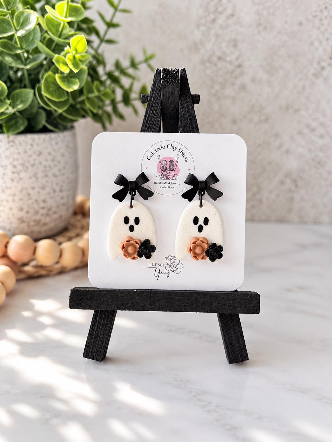 Handmade Polymer Clay Ghost Earrings | Halloween Dangle Jewelry with Bow & Flowers