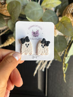Ghost Earrings, Halloween Polymer Clay Earrings, Cute Spooky Earrings, Bow Ghost Studs, Pink or Black Halloween Jewelry, Handmade Earrings