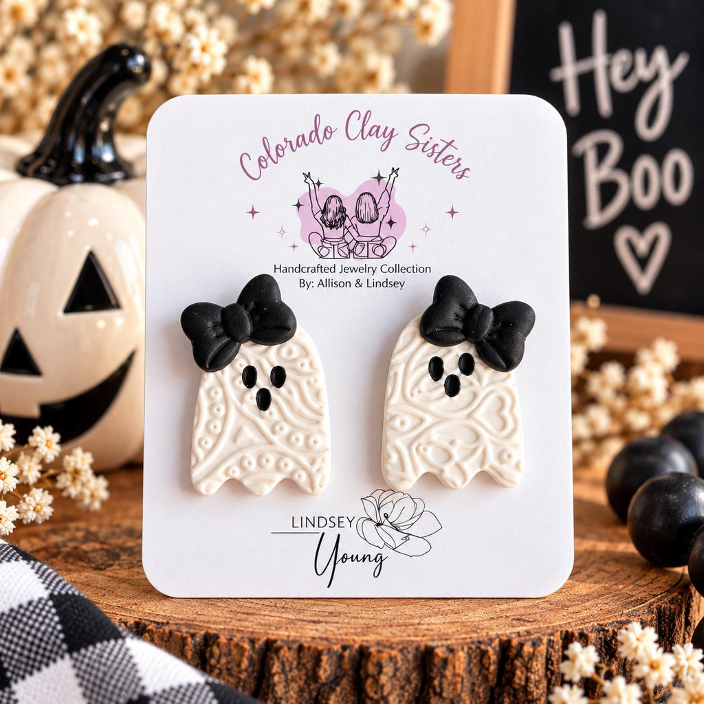 Ghost Earrings, Halloween Polymer Clay Earrings, Cute Spooky Earrings, Bow Ghost Studs, Pink or Black Halloween Jewelry, Handmade Earrings