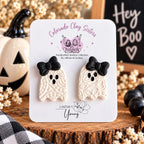 Ghost Earrings, Halloween Polymer Clay Earrings, Cute Spooky Earrings, Bow Ghost Studs, Pink or Black Halloween Jewelry, Handmade Earrings
