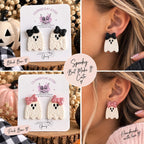 Ghost Earrings, Halloween Polymer Clay Earrings, Cute Spooky Earrings, Bow Ghost Studs, Pink or Black Halloween Jewelry, Handmade Earrings
