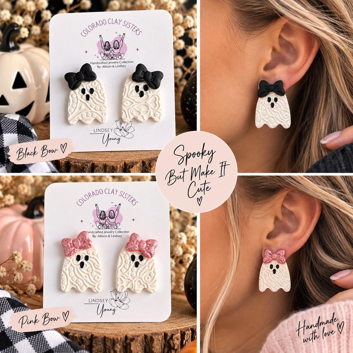 Ghost Earrings, Halloween Polymer Clay Earrings, Cute Spooky Earrings, Bow Ghost Studs, Pink or Black Halloween Jewelry, Handmade Earrings