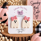 Ghost Earrings, Halloween Polymer Clay Earrings, Cute Spooky Earrings, Bow Ghost Studs, Pink or Black Halloween Jewelry, Handmade Earrings