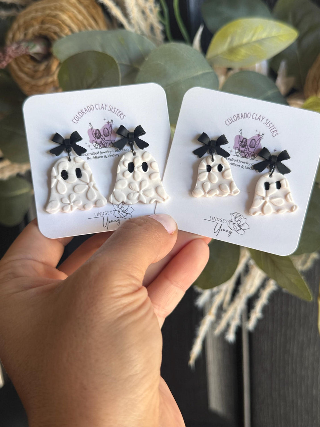 Ghost Earrings, Halloween Polymer Clay Earrings, Spooky Cute Earrings, Black Bow Ghost Earrings, Neutral Halloween Jewelry, Handmade Earring