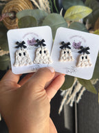 Ghost Earrings, Halloween Polymer Clay Earrings, Spooky Cute Earrings, Black Bow Ghost Earrings, Neutral Halloween Jewelry, Handmade Earring