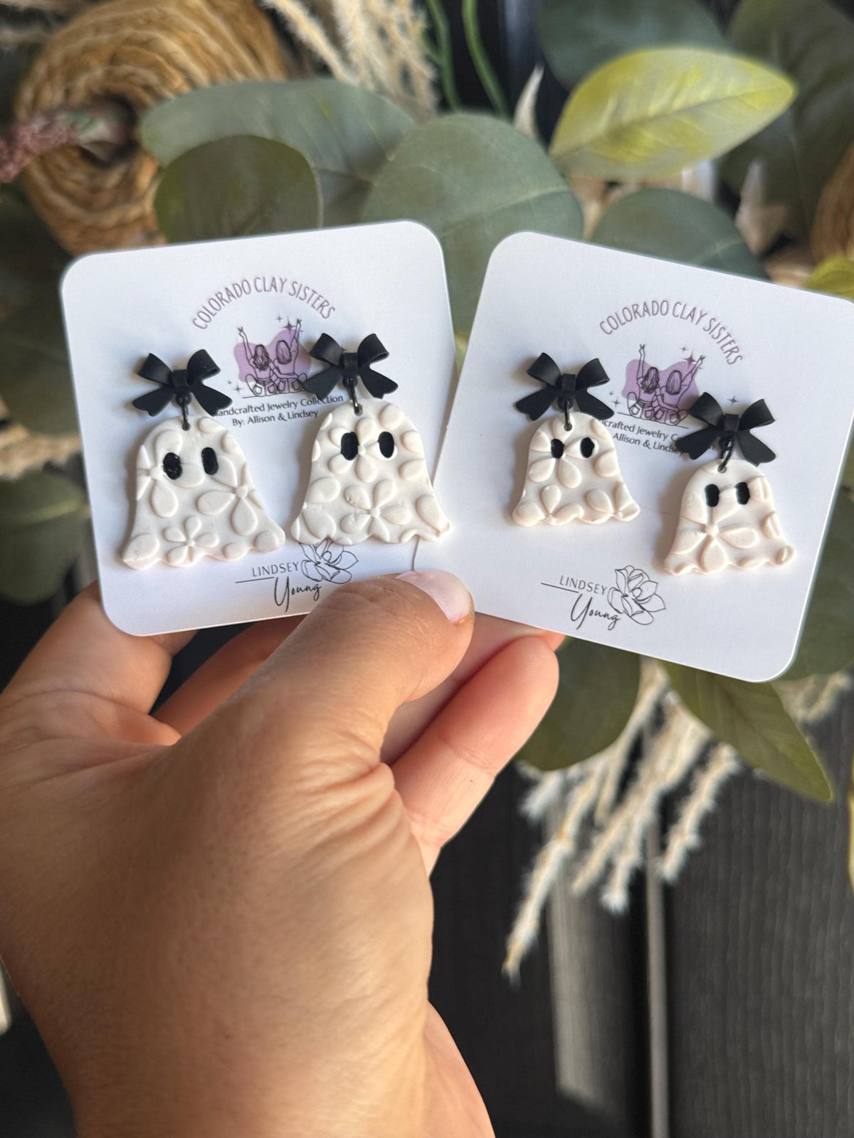 Ghost Earrings, Halloween Polymer Clay Earrings, Spooky Cute Earrings, Black Bow Ghost Earrings, Neutral Halloween Jewelry, Handmade Earring