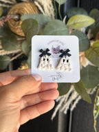 Ghost Earrings, Halloween Polymer Clay Earrings, Spooky Cute Earrings, Black Bow Ghost Earrings, Neutral Halloween Jewelry, Handmade Earring