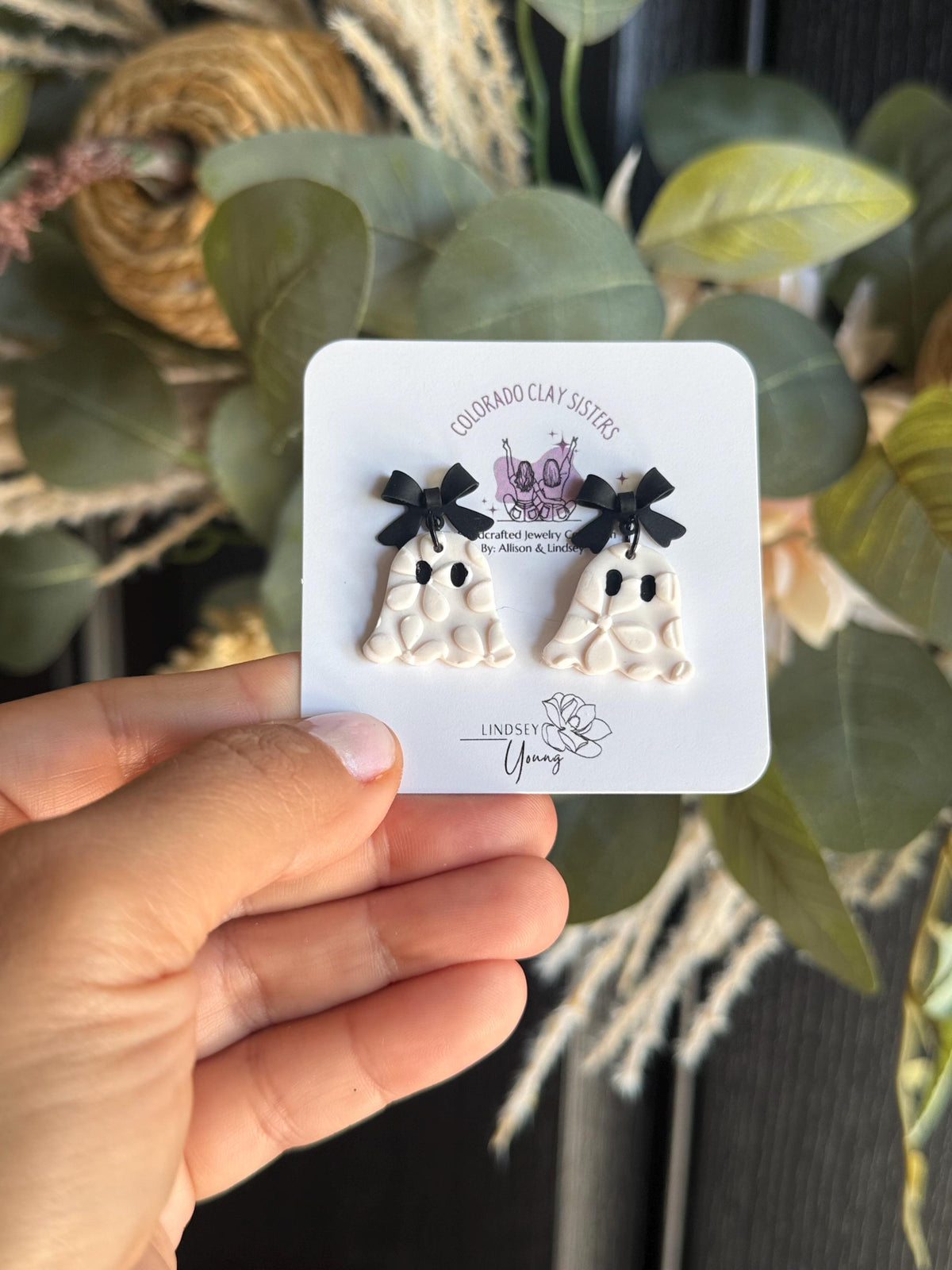 Ghost Earrings, Halloween Polymer Clay Earrings, Spooky Cute Earrings, Black Bow Ghost Earrings, Neutral Halloween Jewelry, Handmade Earring