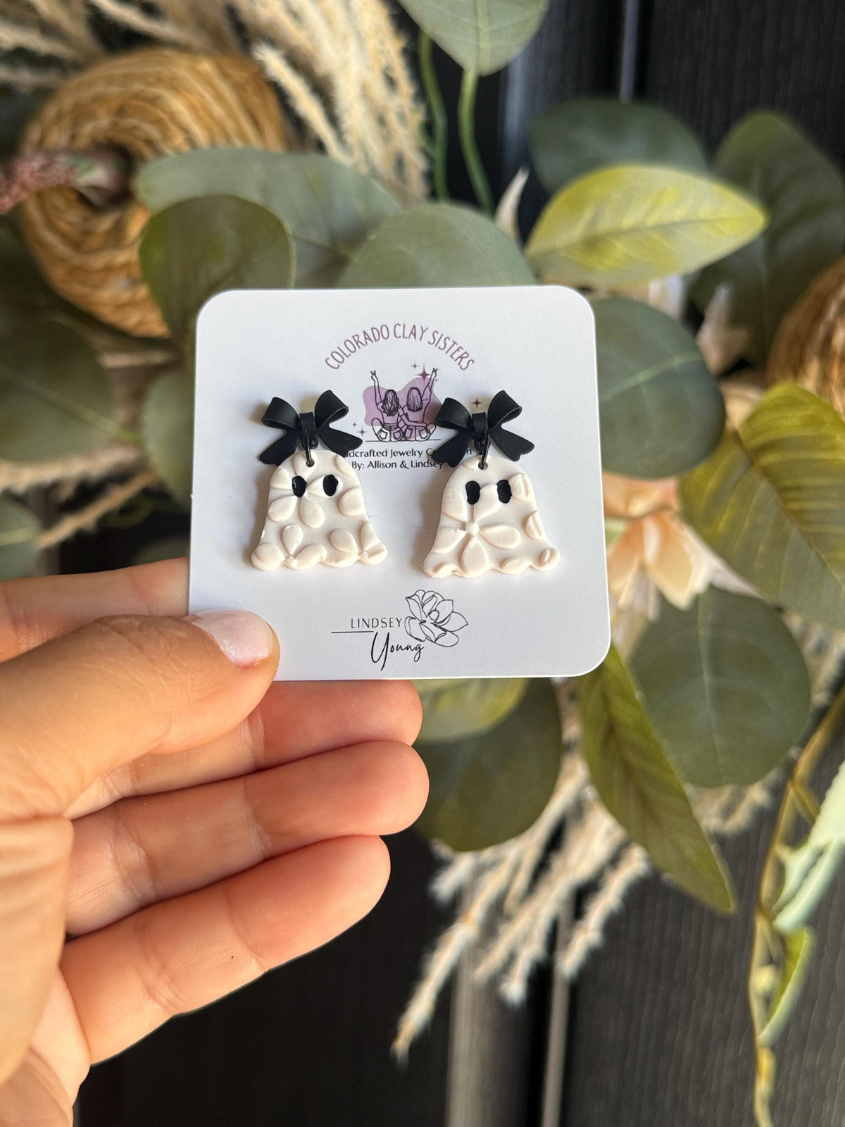 Ghost Earrings, Halloween Polymer Clay Earrings, Spooky Cute Earrings, Black Bow Ghost Earrings, Neutral Halloween Jewelry, Handmade Earring