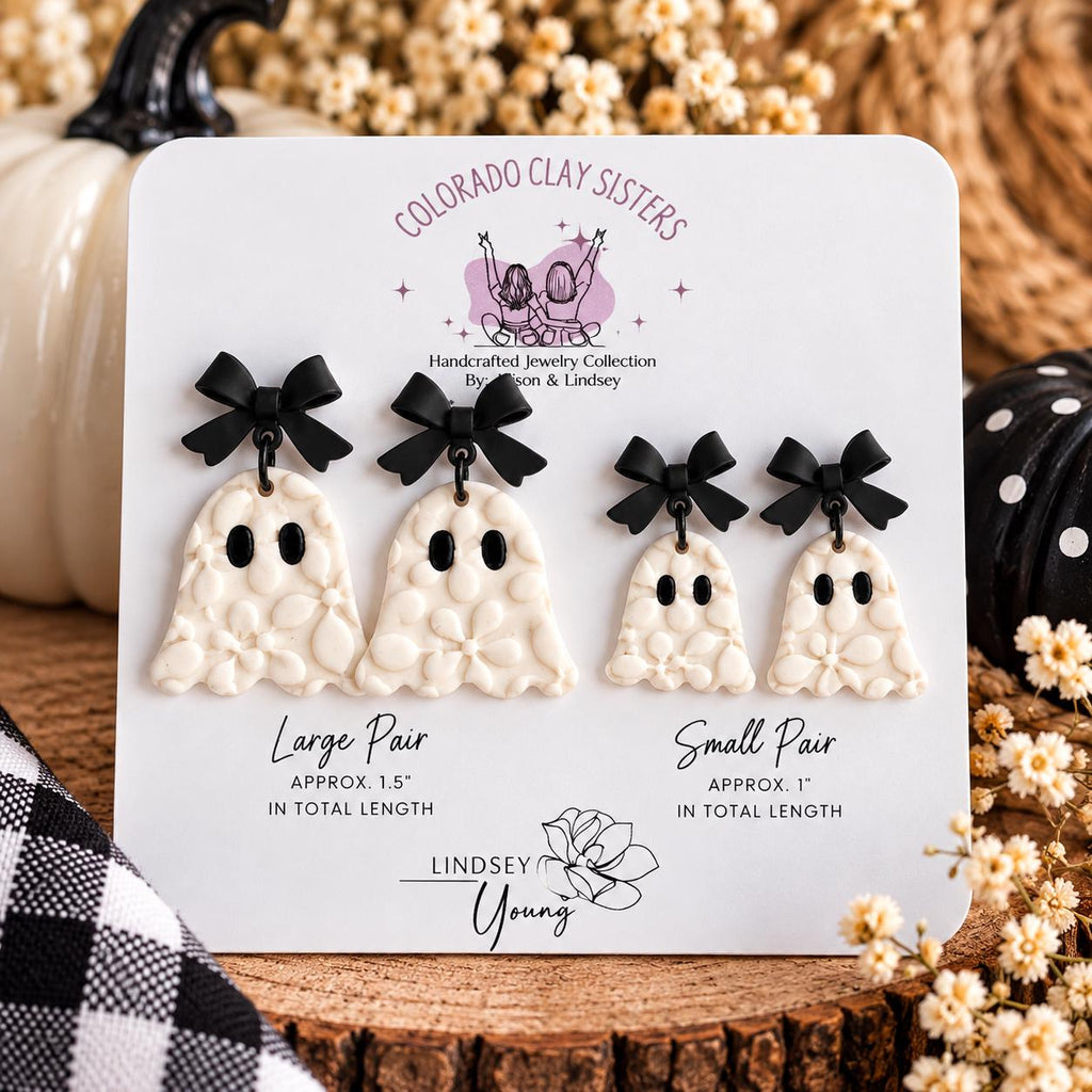 Ghost Earrings, Halloween Polymer Clay Earrings, Spooky Cute Earrings, Black Bow Ghost Earrings, Neutral Halloween Jewelry, Handmade Earring