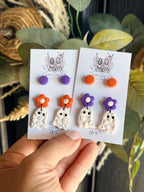 Halloween Earring Set, Ghost Earrings & Studs, Polymer Clay Earrings, Spooky Cute Jewelry, Orange Purple Halloween Earrings, Handmade Gift