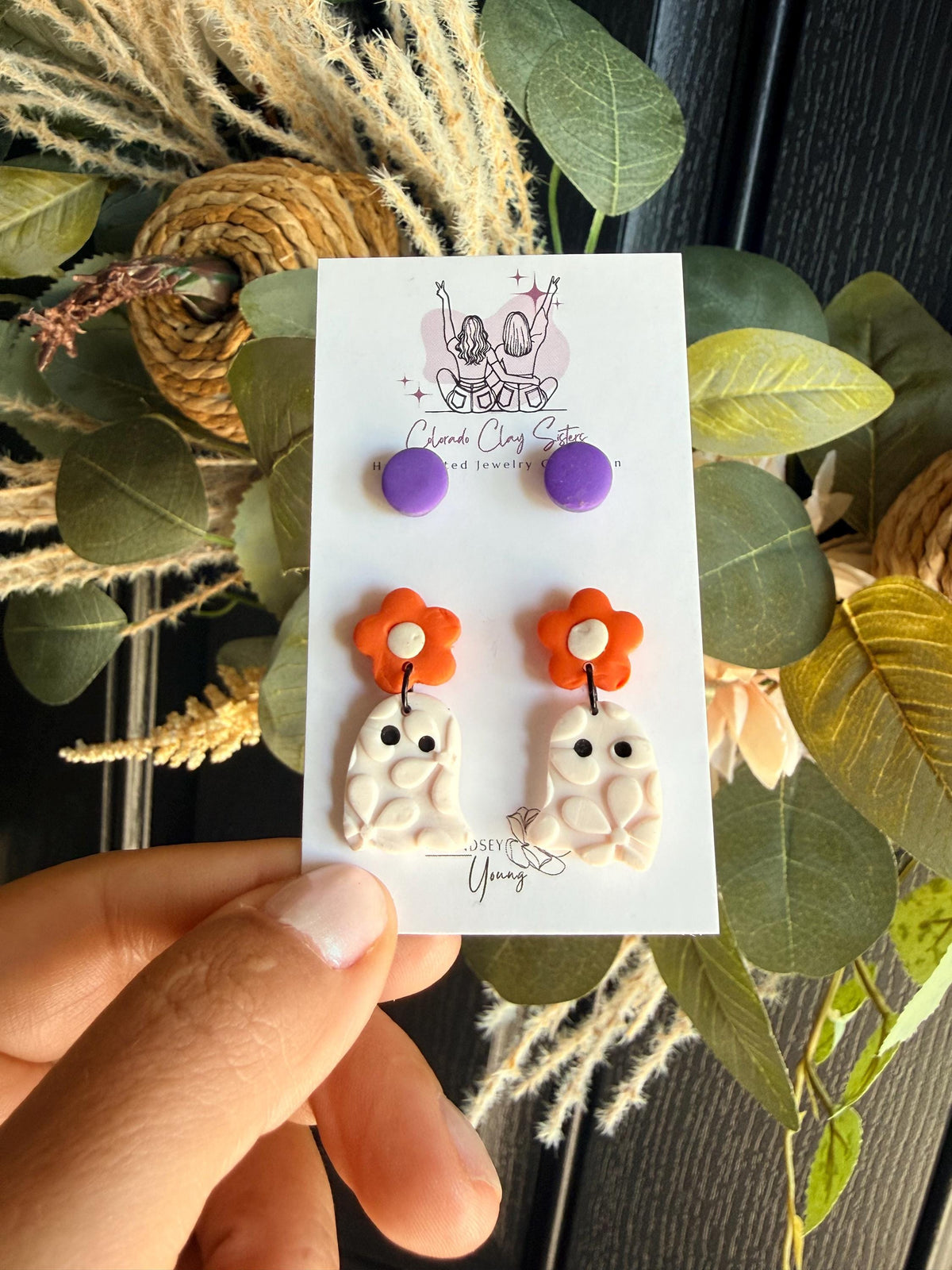 Halloween Earring Set, Ghost Earrings & Studs, Polymer Clay Earrings, Spooky Cute Jewelry, Orange Purple Halloween Earrings, Handmade Gift